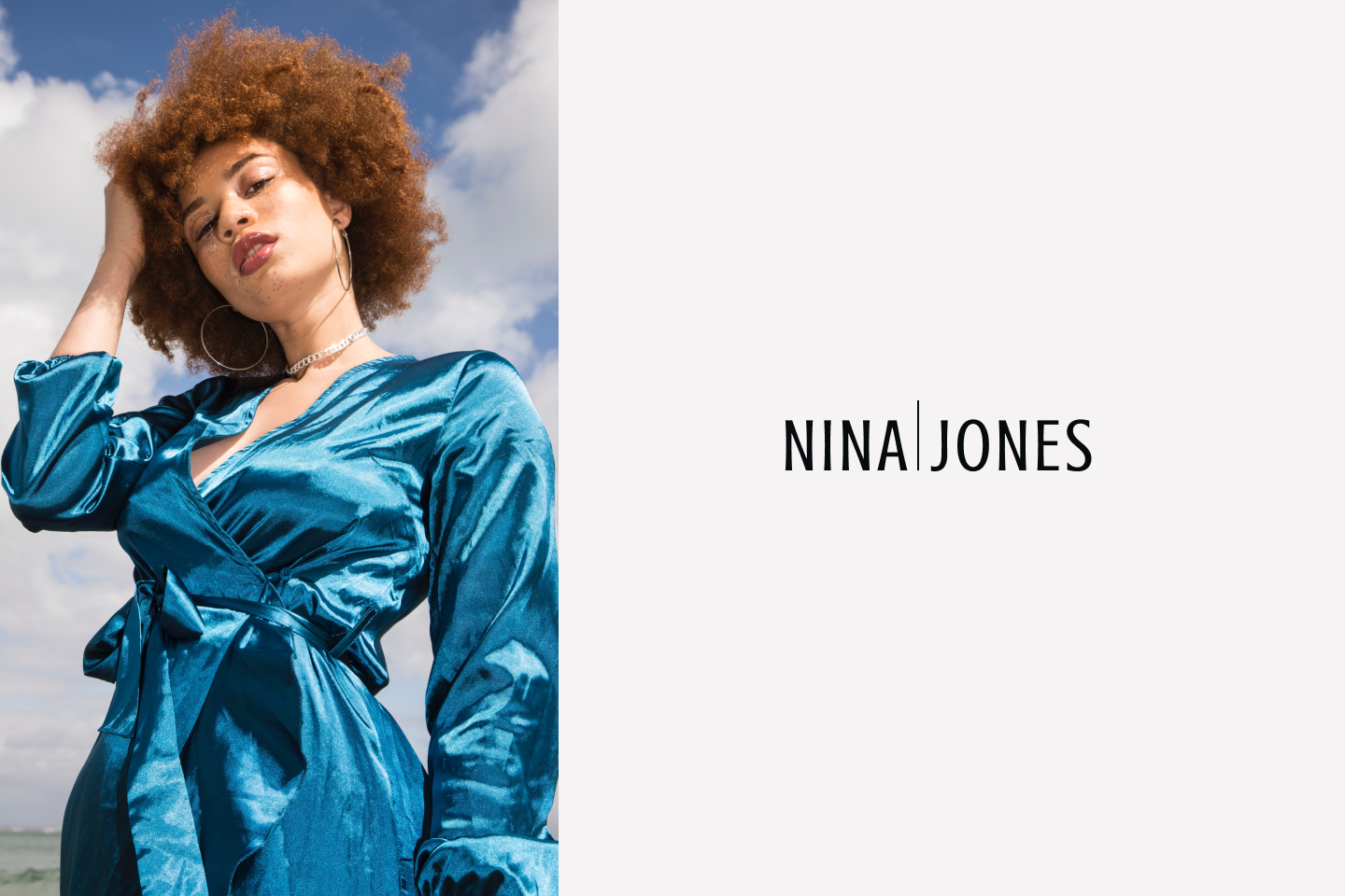 An image of a woman in a neon blue wrap dress with a background of a cloudy blue sky. The Nina Jones logo is on the right side of the image with a white background. 